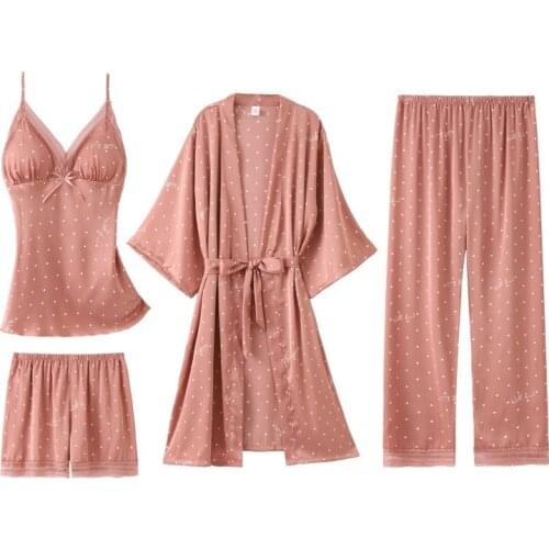 Lace 4PCS Sleepwear Sets Women Pajamas Sleep Suit Femme Summer Pjs Pyjamas Sexy Ice Silk Satin Kimono Robe Gown Home Outfits