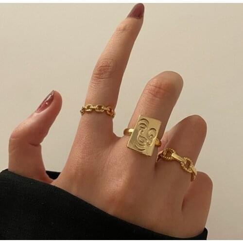 KSRA Neo-Gothic 3Pcs/set Chain Rings Set For Women Gold Geometric Square Coin Knuckle Ring Jewelry Finger Accessories