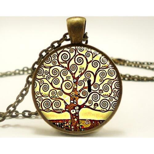 Gustav Klimt Symbolic Tree of Life Pendant Necklace Glass Cabochon Art Picture Woman Fashion Jewelry Vintage Handmade Gift Retro