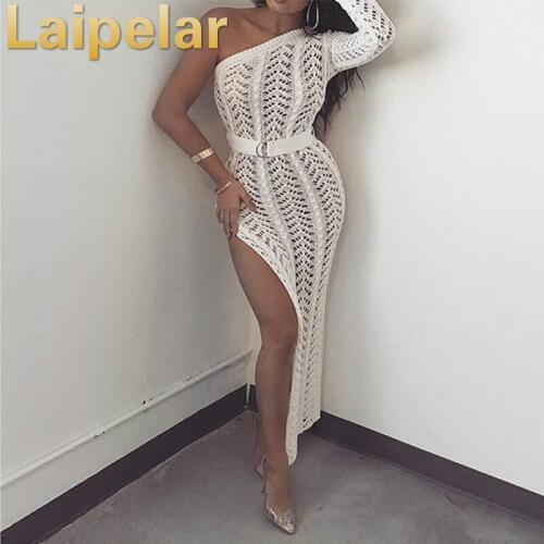 Laipelar Long One Shoulder Knitted Maxi Dress Sexy Side Split Women Clubwear Hollow Out Dresses Female Elegant Dress Vestdios