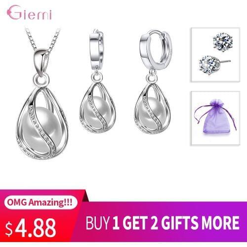 Top Sale Wedding Party Jewelry Sets 925 Sterling Silver Pearl Water Drop Tear Pendant Necklace Hoop Earrings Buy 1 Get 2 Gifts