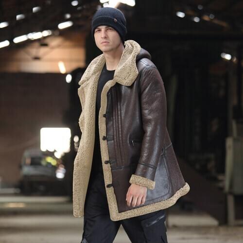 Fashion Mens Sheepskin Coat Winter Thick Hood Real Fur Clothing Brown Warm Shearling Sheepskin Genuine Leather Outwear