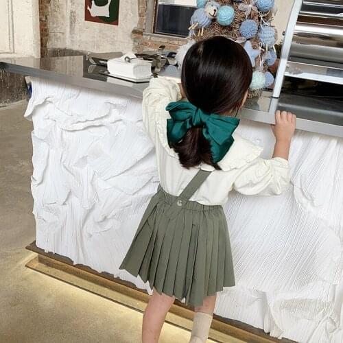 Mila Chou 2021 Spring Autumn Girls Dark Green Skirt Childrens Fashion Strap Dress Kids Comfortable Pleated Skirt 2-8 Year