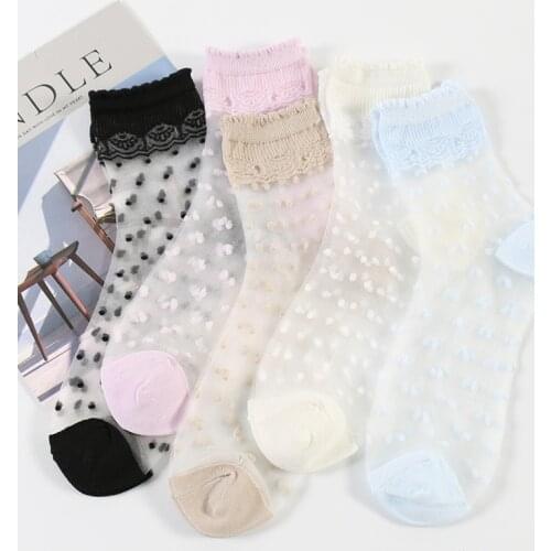 Novelty 5 Pairs/Lot 2020 Spring Thin Cute Socks Women Transparent Colorful Glass Silk Polka Dots Meias Female Sexy College Bas