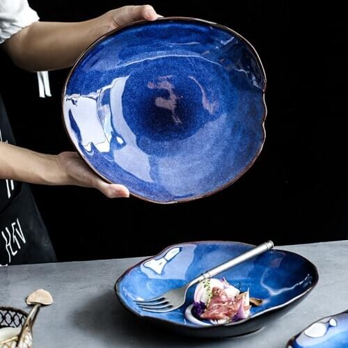 Solid color Scandinavian ceramic dishes plate household pottery irregular dish salad platter dish cutlery
