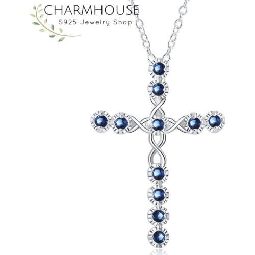 Charmhouse 925 Sterling Silver Necklaces For Women Blue Crystal Cross Pendant & Necklace Chain Choker Collier Fashion Jewerly