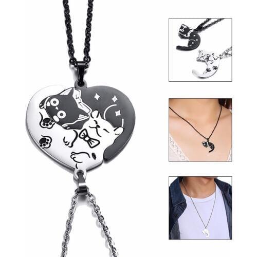 2 Pcs/Set Cute Cat Dog Shape Heart Puzzle Couples Necklaces for Women Men Stainless Steel Pendants Lover Promise Keepsake Gifts