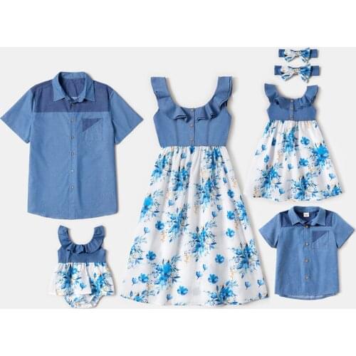 Mom Daughter Dress Cotton Baby Rompers Family Matching Outfits Clothes Flower Patchwork Ruffles Short Sleeve Denim T Shirt