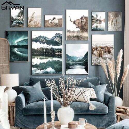 Aurora Lake Cow Tibetan Antelope Poster Nordic Landscape Painting Wild Reed Mountain Canvas Prints Art Wall Picture Home Decor