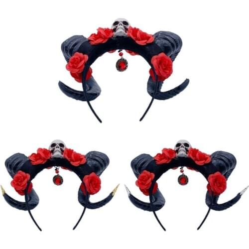 Skull Rose Sheep Horn Headband Forest Animal Halloween Cosplay Jewelry Hair Hoop