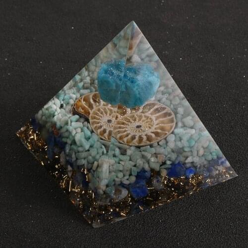 Natural Conch Shell Fossil Orgone Pyramids Blue Apatite Gem Stone Amulet Orgonite Energy Generator EMF Protection Prayer Pyramid