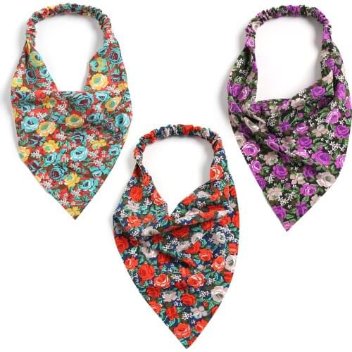 Rose Printting Hair Scarf Scrunchies Vintage Triangle Bandanas Headband Without Clips Elastic Hair Bands Headwrap Accesories