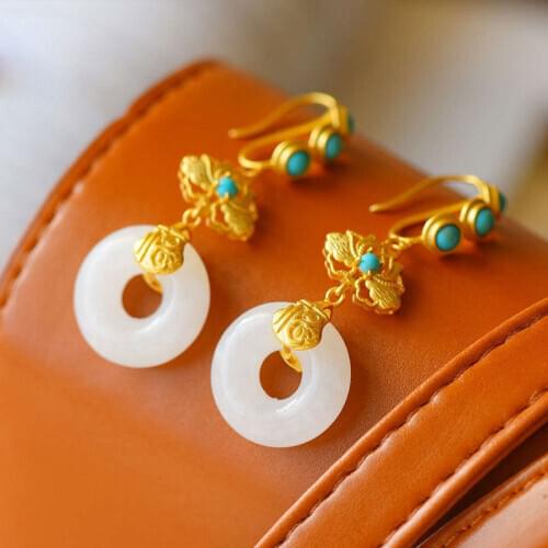 Silver inlaid natural Hetian jade long earrings Chinese style retro unique sand gold craft charm womens jewelry