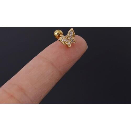 1 PCS Cute Small Copper Micro Pave CZ Butterfly Ear Cartilage Stud Cuff Earring Simple Stainless Steel Helix Bar Ear Jewelry