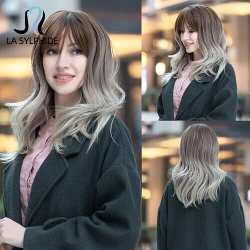 La Sylphide Synthetic Wig Medium Long Natural Wave Deep Brown Ombre Ash Grey Blonde Gold False Hair Wigs with Bangs for Woman