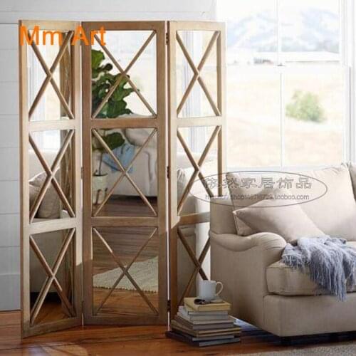 Modern simple solid wood screen partition double mirror screen floor glass screen living room decorative screen