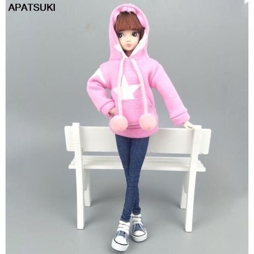 Pink Star Sweatshirt Coat For Barbie Doll Clothes For Barbie Doll Outfits Leather Pants Canvas Shoes 1/6 Dolls Accessories