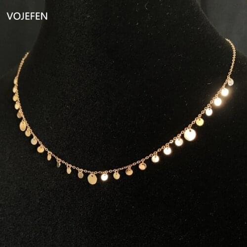 VOJEFEN 18k Pure Gold Dainty Choker Necklace Lace Necklace Mini Disc Pendant Necklace for Women Girls Boho Style Fine Jewelry