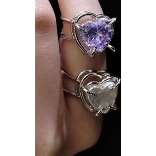 VSnow Unique Design Love Heart Pearl White Pink Cubic Zircon Ring for Women Hollow Out Enghagement Rings for Women Jewellery