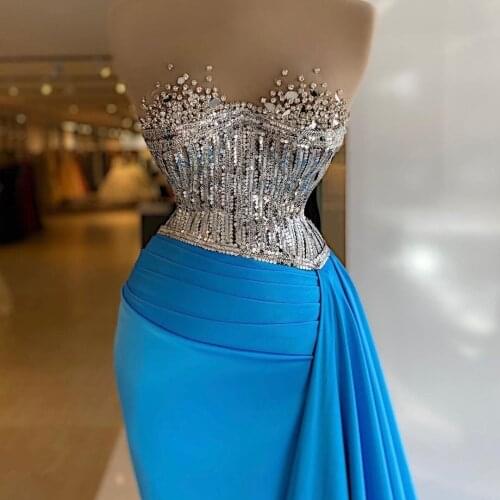 Gorgeous Blue Mermaid Evening Dress with Overskirt Sequins Top Beading Prom Gowns Pleat Elegant Mermaid vestido de novia