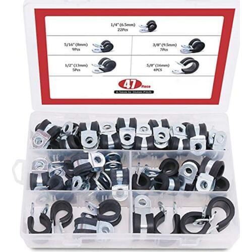 47Pcs Zinc Plated Steel Rubber Cushion Pipe Clamps Insulated Clamp Assortment Kit 1/4~5/8 inch (6.5mm - 16mm) Cable Clamp Pipe C