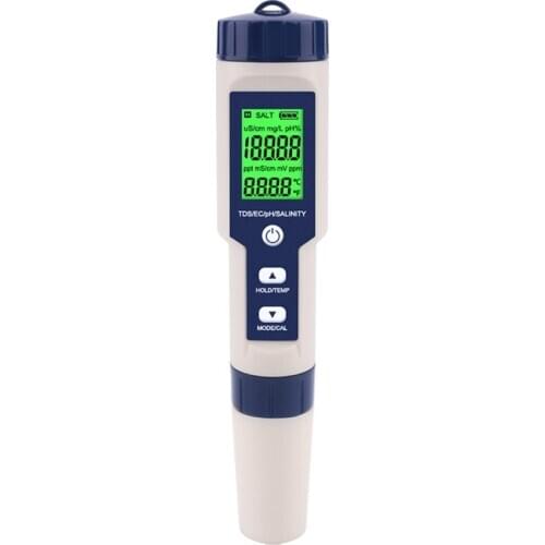 5 in 1 TDS/EC/PH/Salinity/Temperature Meter Digital Water Quality Monitor Tester for Pools, Drinking Water, Aquariums(with Backl