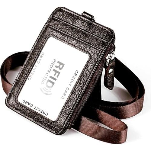 Employee ID Card Badge Holder Genuine Leather Business Bank Credit Card Lanyard Pass Bus Cards Certificate Clip with Neck Strap