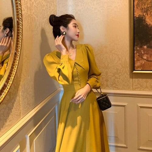 French Red Elegant Long Sleeve Dress Women Autumn Casual Retro Party Midi Dress Female Slim Hepburn Chic Korean New Women Dress