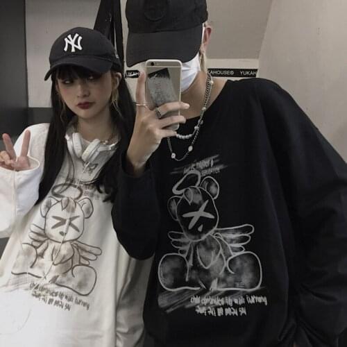 Maxxo Harajuku Hip Hop Cartoon Bear Long Sleeve T-Shirt Couple Clothes Vintage Aesthetic Clothes Women Punk Goth Urban Tops Y2k