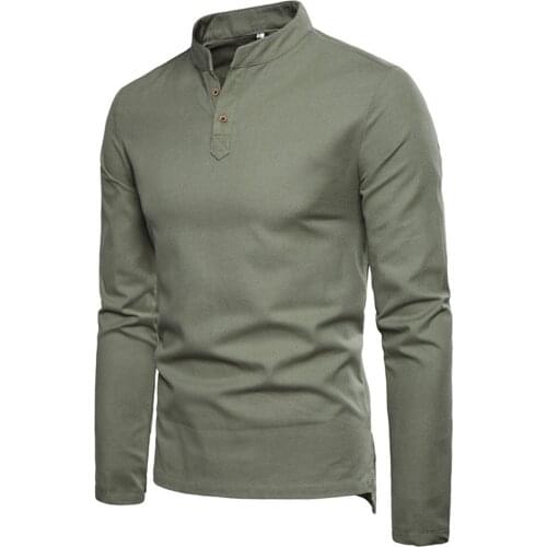 Mens t-shirt Harajuku Tops Loose Solid Linen Stand Collar Long Sleeve Slim Fit Men t-shirt Street Casual Camiseta Feminina Top