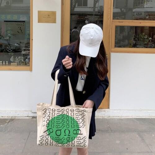 Green Character Letters Shoulder Canvas Bag Large Cotton Cloth Women Shopper Tote Bag Reusable Shopping Bag Ladies Handbag 2021