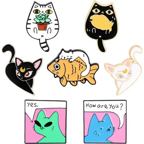 How are you? Cat lovers Enamel Brooch black and white Cartoon kitten Pin lapel Fun animal fish Custom Badge Gifts for friends