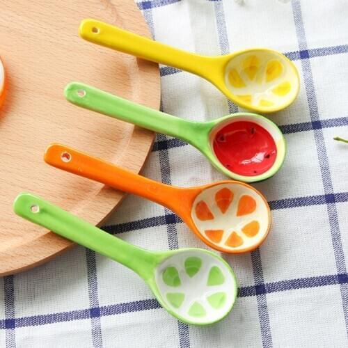 Ceramic Coffee Spoon Korean Household Tableware Spoon Dessert Cartoon Small Children Spoons Fruit Design Creative Lovely Ladle