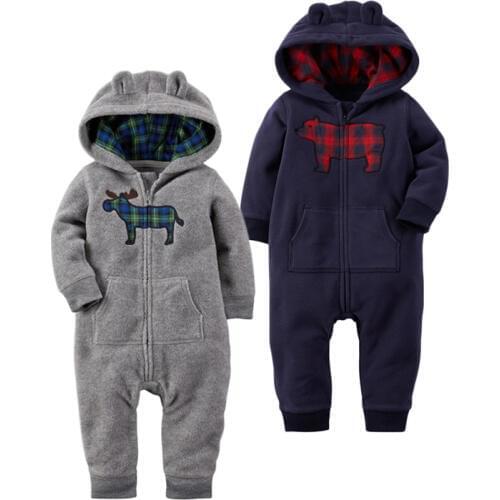 Autumn & Winter Newborn Infant Baby Clothes Fleece Jumpsuit Boys Romper Hooded Jumpsuit Bear Blue Grey Baby Bebe Menino Macacao