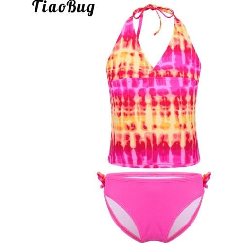 Summer Girls Kids 2 Pieces Mambo Tie-Dye Swimsuit V-Neck Halter Strap Swimwear Beachwear Bathing Suits