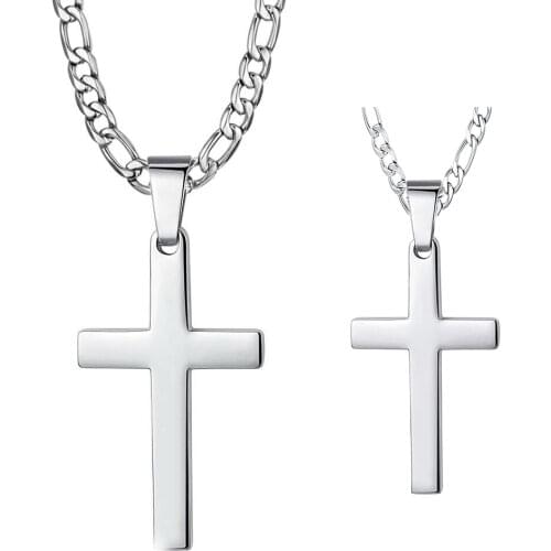Fashion Mens Women Silver Color Stainless Steel Cross Pendant Necklace Figaro Chain 18"-30" Simple Classic Pendant for Men Women