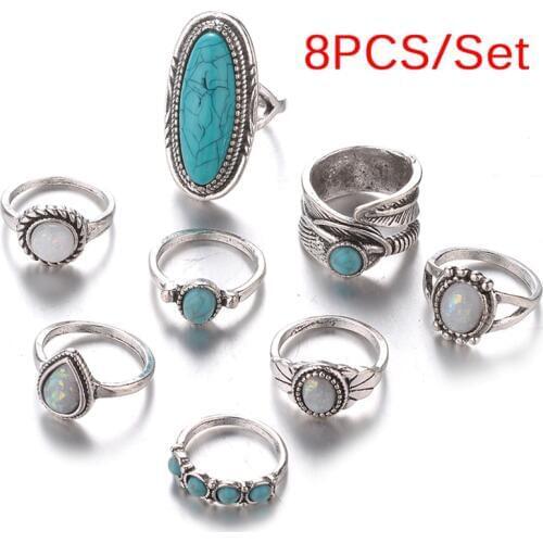 Color Fashion Bohemia Midi Rings Sets For Women Retro Antique Opals Turquoises Knuckle Ring Bagues Femme