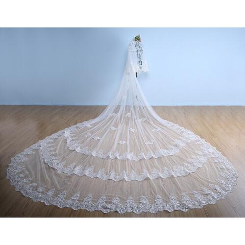 Luxury bridal veil 5 meters full edge with shiny sequins lace 3 layers long with white comb ivory wedding veil 2020 Accessories