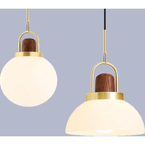 Modern Wooden Milk White Glass Ball Pendant Lights Nordic Design Kitchen Hanging lamp Bedroom Bedside lamp Dining Room Fixtures