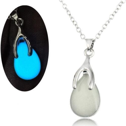 Glow in the Dark Jewelry with Silver Plated Water Drop Shaped Luminous Stone Pendant Long Necklace for Women