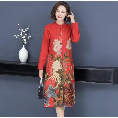 Fashion 2019 New Spring Autumn Long Trench Suede Coats Women Large Size 5XL Female Slim print Floral Windbreaker