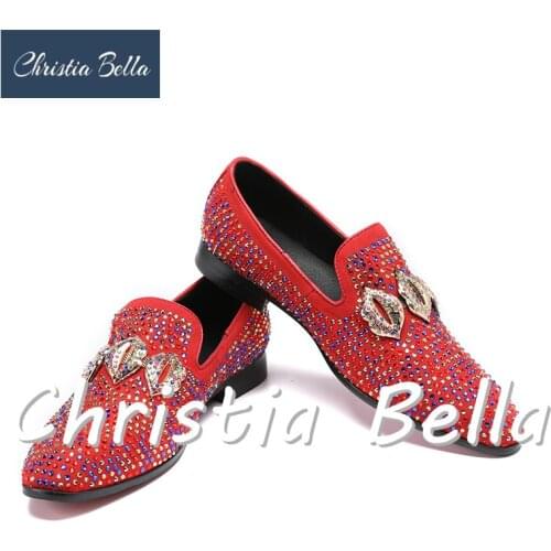 Christia Bella Fashion Mens Brand Designer Rhinestone Slippers Shoes Party Wedding Red Mens Dress Shoes Genuine Leather Shoes