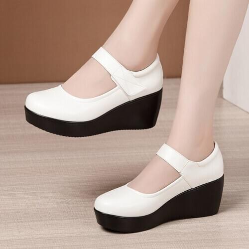 Wedges Heel Shoes Women Round Head Size 32 To 43 Medium Heel Platform White Black Red Ladies Office Footwear Shoes