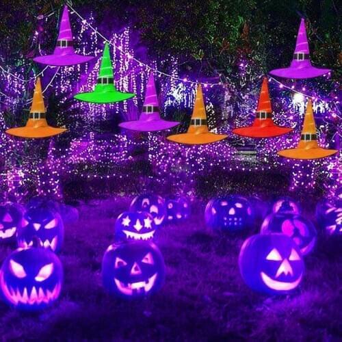 Halloween Decoration LED Glowing Lights Witch Hats Halloween Costume Props Halloween Outdoor Tree Garden Hanging Glow Party