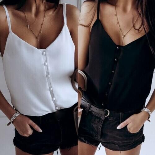 Women Casual Sleeveless V-neck Crop Tank Tops Vest Shirt Blouse Button Cami Tops