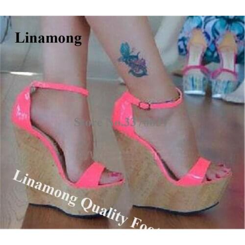 Linamong New Open Toe Patent Leather High Platform Wedge Gladiator Sandals Fluorescent Rose Red Yellow Wedges Dress Wedge Shoes