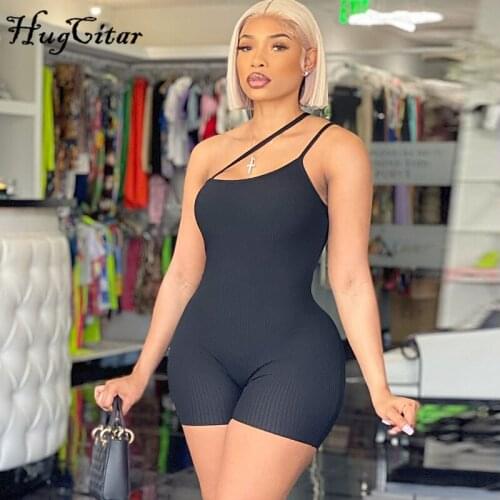 Hugcitar 2021 Sleeveless Halter Slip Solid Backless Ribbed Skinny Bodycon Playsuit Summer Women Streetwear Casual Romper
