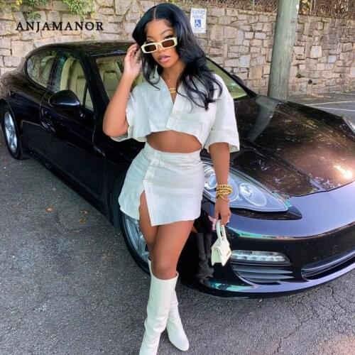 ANJAMANOR Cotton Linen White Shirt and Mini Skirts Sexy Two Piece Short Set for Women Summer 2021 Going Out Dress D18-DB20