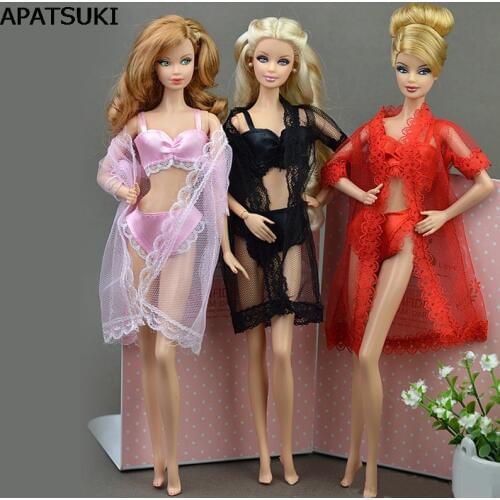 Sexy Pajamas Lingerie Lace Long Coat + Bra + Underwear Clothes For Barbie Doll Clothes Gown Underwear Lace Dresses