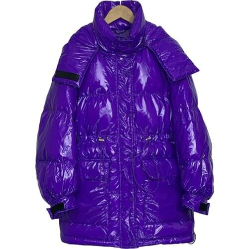 2021 Winter Down Coat Women Jacket Hooded Parka Mid-length Korean Shiny Drawstring Waist Large Size Loose Outerwear Warm Ladies